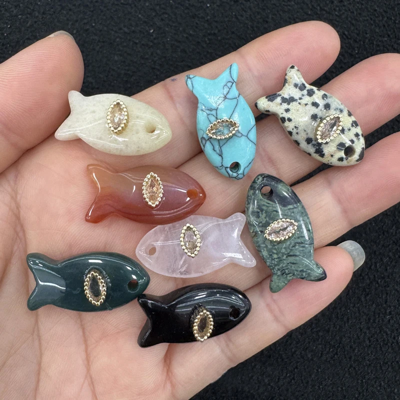 Multicolour Natural Stone Small Fish Charms Amethyst Crystal Opal Turquoise Evil Eye Pendants DIY Neckalce Bracelet Accessories