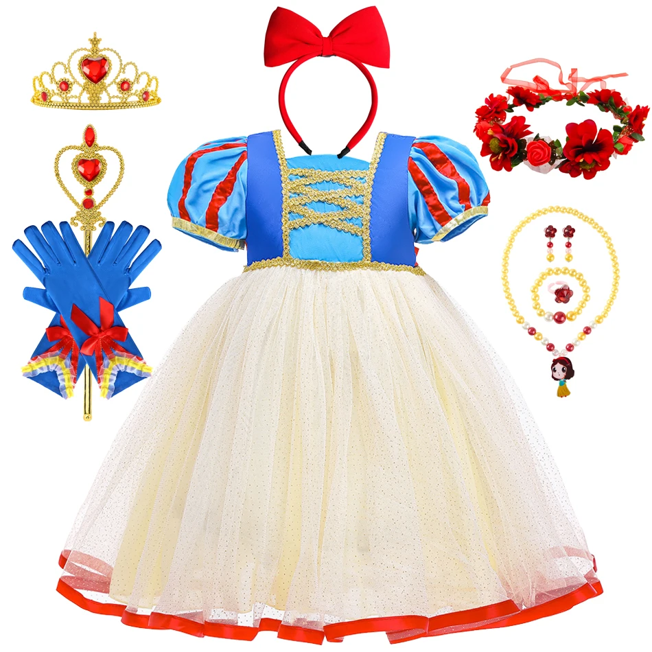 Disney Snow White Dress for Girls Breathable Puffed-Sleeve Tulle Princess Dress Snow White Themed Disney Snow White Dress for Girls Breathable Puffed-Sleeve Tulle Princess Dress Snow White Themed