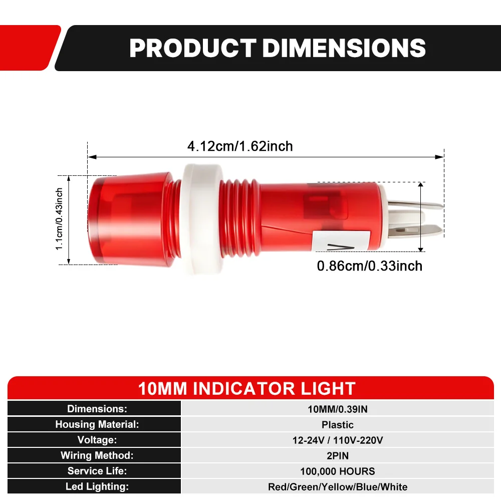 5개입 FILN 10mm 방수 LED 표시등 12V 24V 110V 220V IP67 신호등 자동차, 선박, 가전제품 스위치 패널용