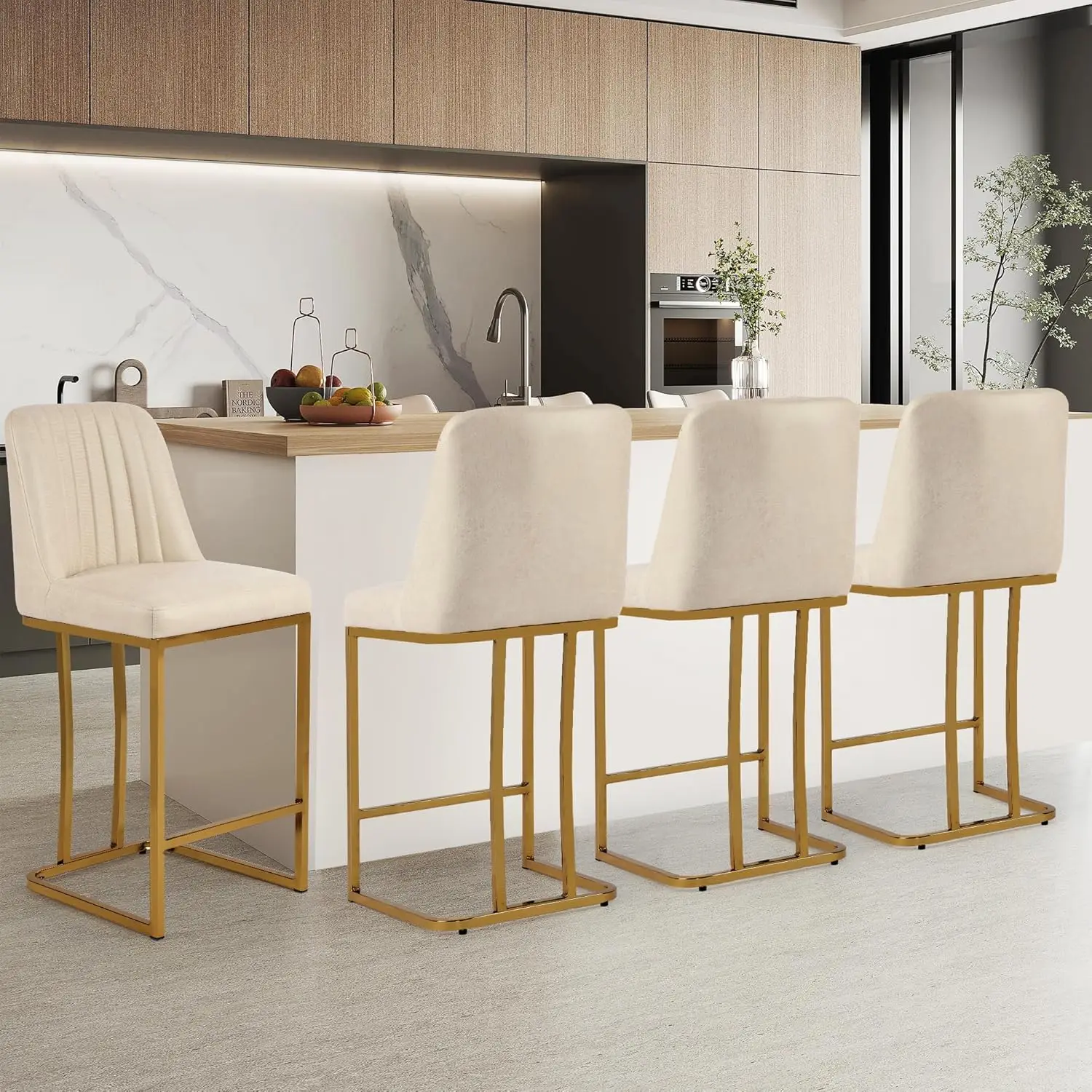 LSSBOUGHT Counter Height Bar Stools Set of 4 24 Upholstered Padded Barstools with Back Glam Leather Counter stools for Kitchen