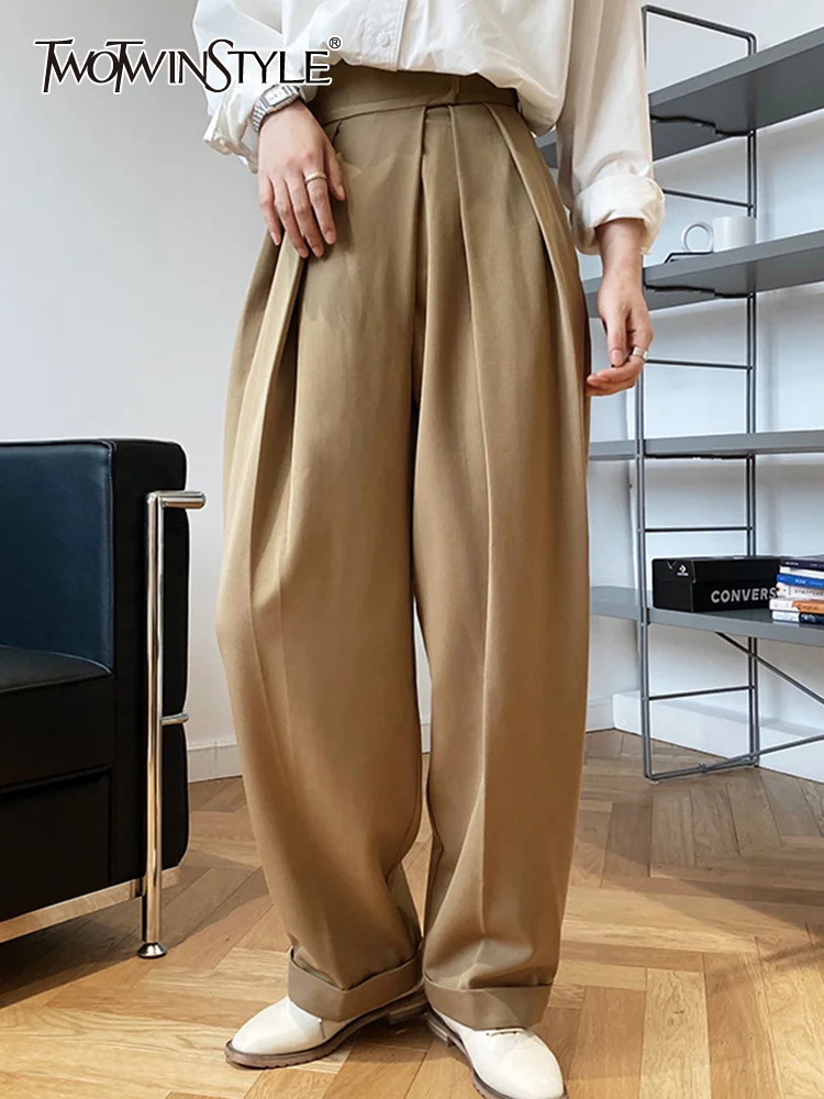 

TWOTWINSTYLE Casual Pants For Female High Waist Loose Solid Color Fold Pleated Women's Trousers Fashion Autumn New 2021