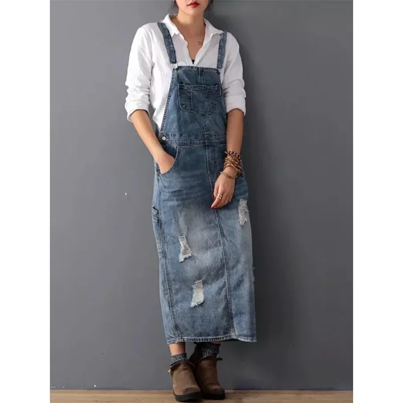 

Women Strappy Denim Skirt Pockets Straight Splice Dresses A Line Midi Waist Hole Dress Casual Solid Summer Long Skirts 2024
