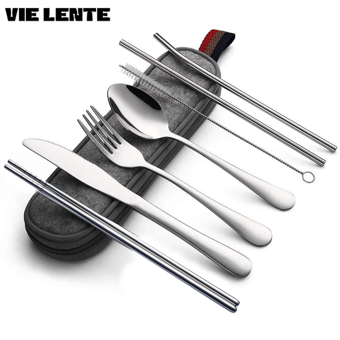 Tableware Set 8Pcs/set Tableware Reusable Travel Cutlery Set Camp Utensils Set Stainless Steel Spoon Fork Chopsticks Straw Portable Case