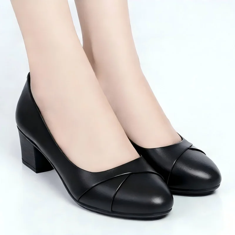 Damen Leichte Bequeme Slip-On Schuhe mit Blockabsatz aus Leder, Atmungsaktive Vielseitige Arbeits- und Pendlerschuhe in Schwarz für Frühling und Herbst – Detail 1