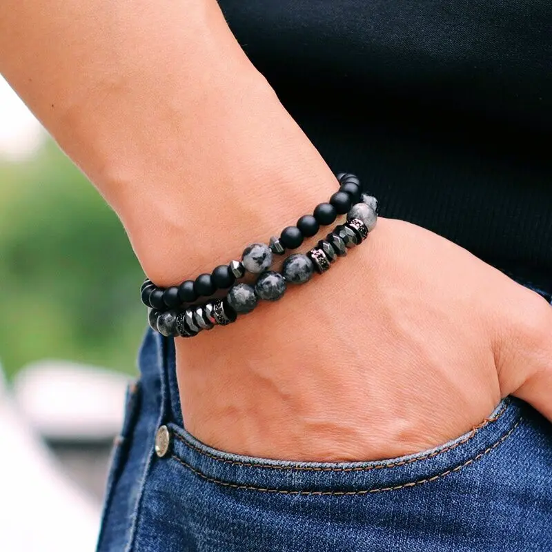 Men Stone Bracelet Luxury Black Zirconia Lapis Lazuli Tiger Eyes
