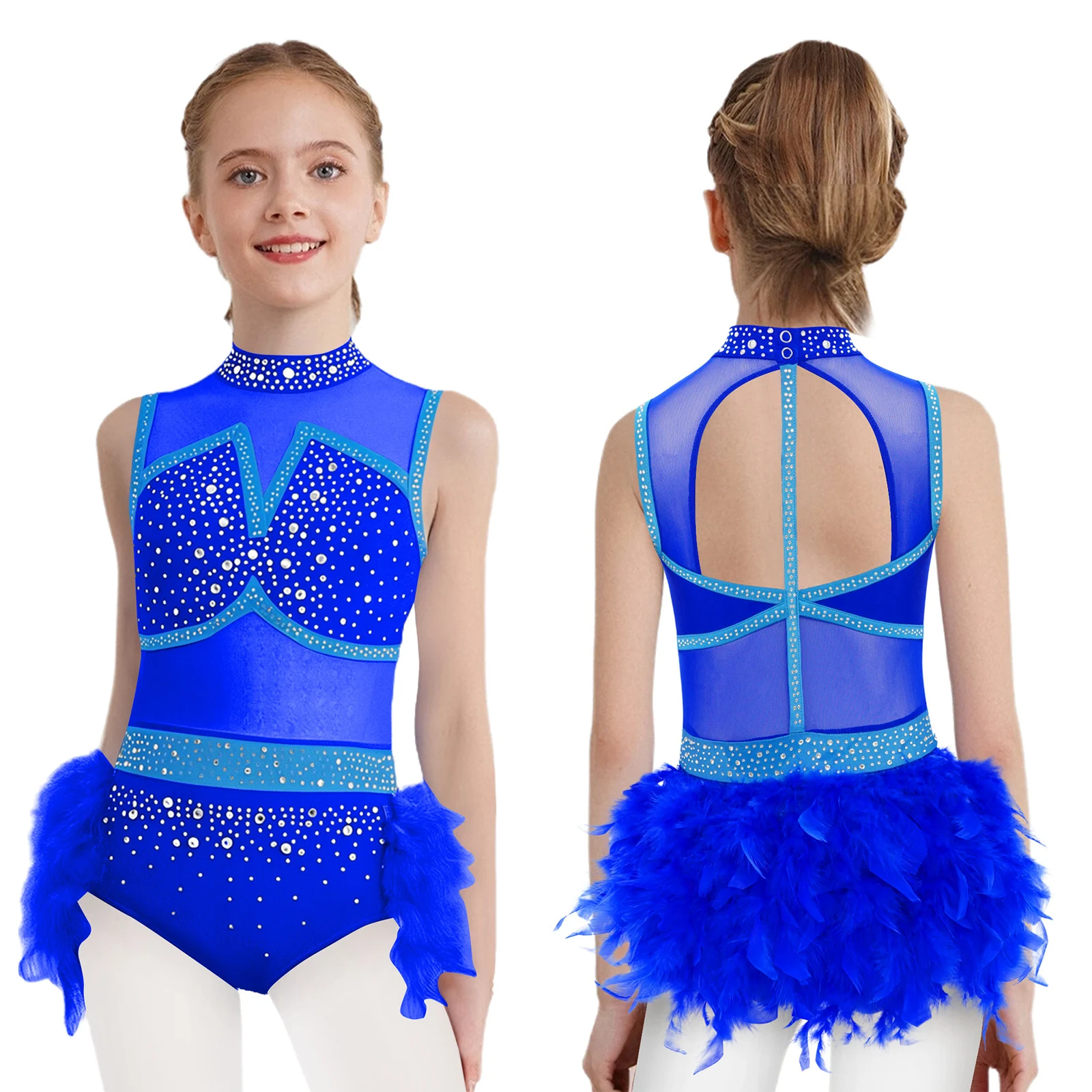 Kinder Mädchen Eiskunstlauf Latin Jazz Dance Samba Rumba Cha-cha Trikot Glänzende Strass Sheer Mesh Feder Rock Body – Detail 23