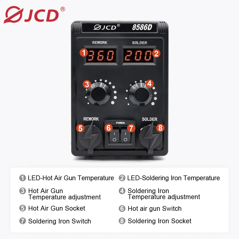 JCD 750W Soldering Station 2 IN 1 Hot Air Gun LCD Dual Digital Display Electric Soldering Iron SMD Welding Rework Station 8586D 3