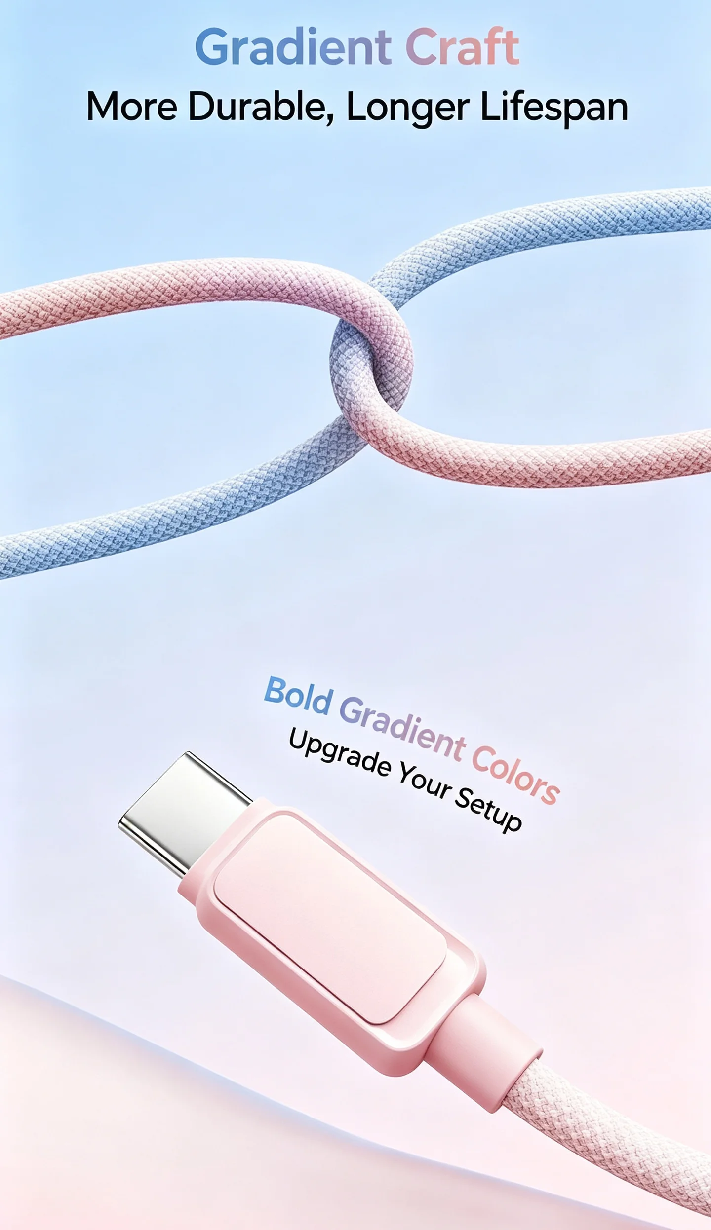 Pink Blue Gradient Braided Fast Charging USB-C Cable, Durable Nylon Charger Cord
