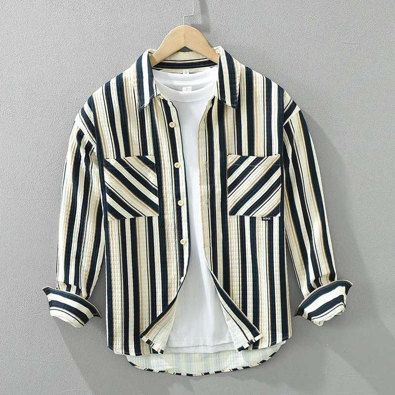 

Рубашка мужская с длинным рукавом, Повседневная модная сорочка в полоску, на пуговицах, винтажная одежда, весна-осень