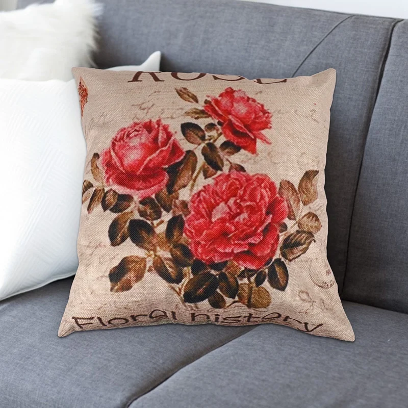 B49B-Vintage Floral/Flower Flax Decorative Throw Pillow Case Cushion Cover Home Sofa Decorative(3 Roses)