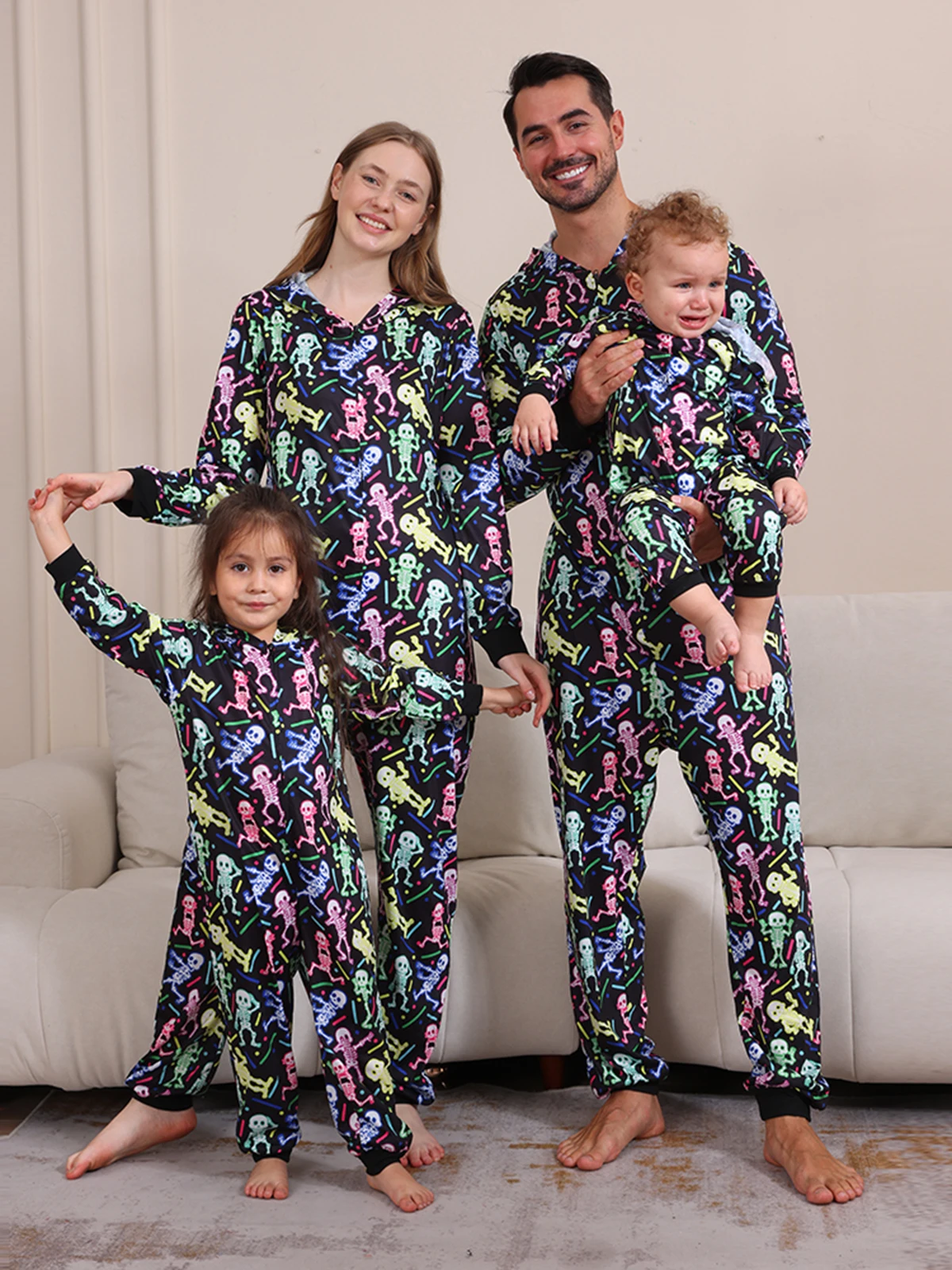 2024 New Halloween Party Mom Dad Kids Matching Outfits Skull Print Zipper Hooded Romper Jumpsuits Soft Sleepwear Family Look Pjs 1