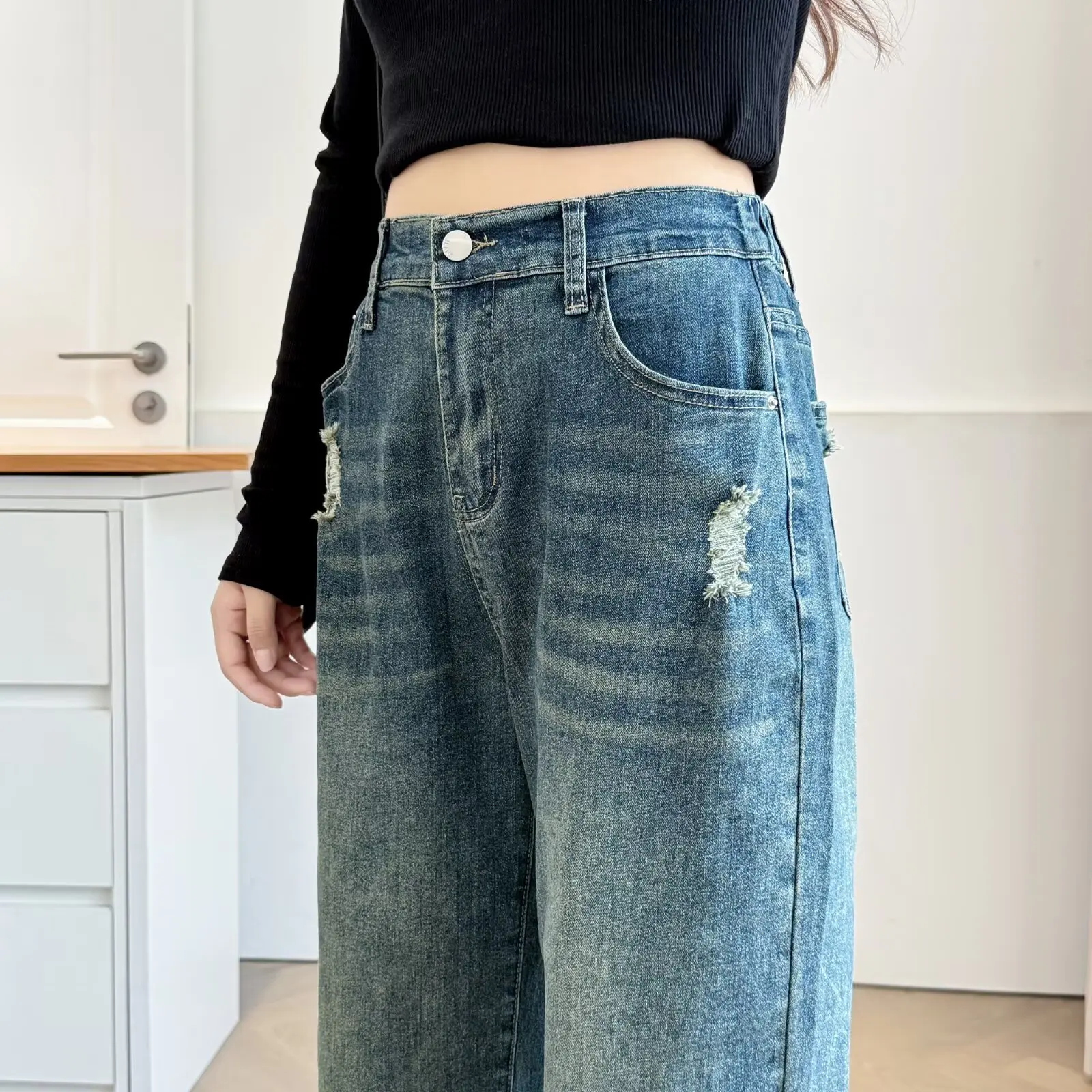 XXXXL Fashion Plus Size Women's Jeans New Autumn Straight Leg Pants With Holes And Casual Washed Denim Full Length Trousers 2570