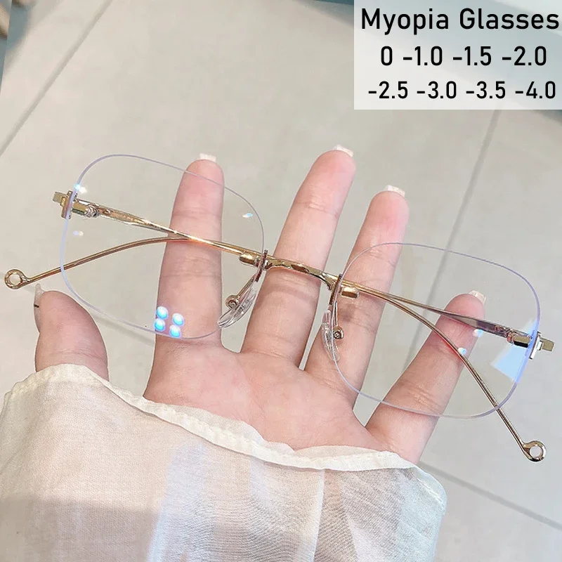 Finished Women Men Square Minus Glasses Luxury Rimless Clear Lens Computer Short-sight Eyeglasses Vintage Myopia Eyewear Diopter
