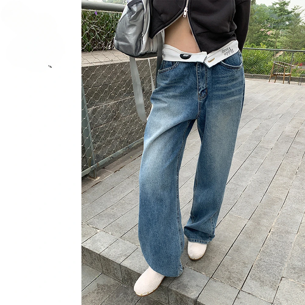 

Spice Girl Low Waist Jeans Women's Four Seasons New ins Pants Waist Upside-Down Straight Tube Mopping Long Pants Tide