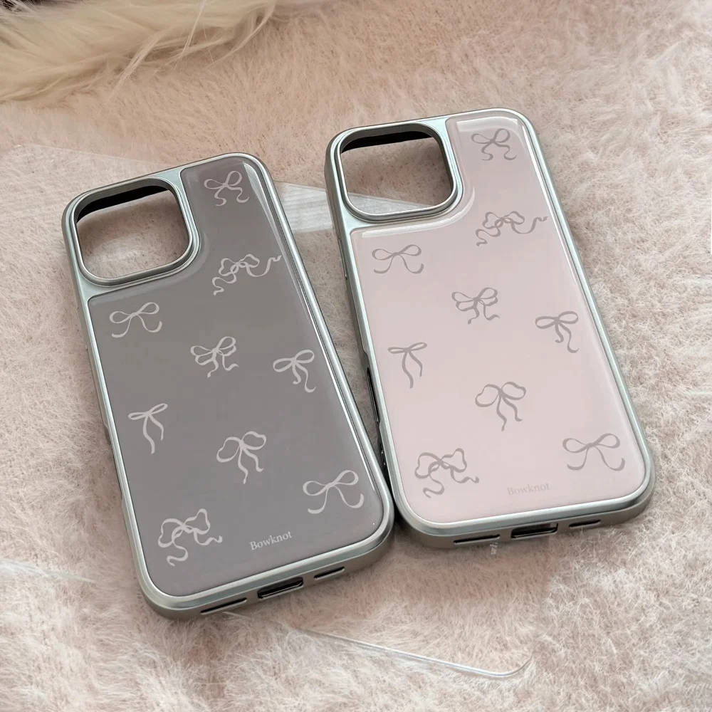 Full Screen Pink Grey Bowknot Electroplated Resin Phone Case Back Cover