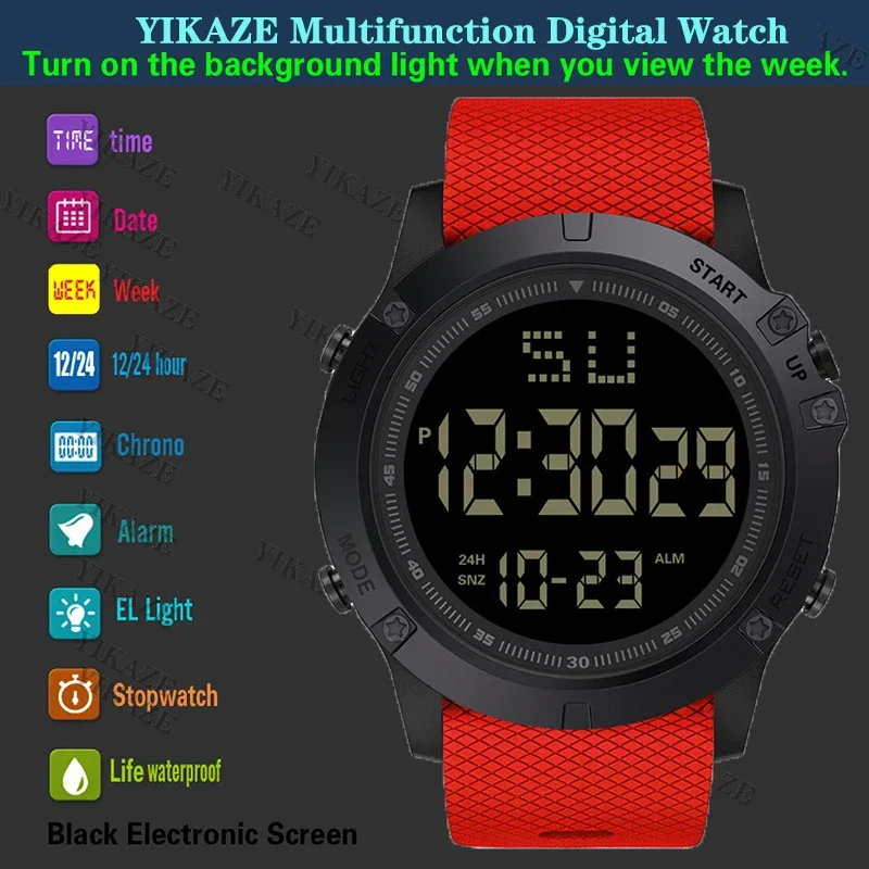 YIKAZE LED Men Sports Watch Black Dial Multifunction Men's Digital Watch Alarm Clock Stopwatch Fitness Electronic Wristwatch man 4