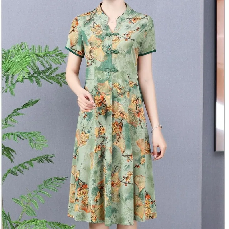 

Women's Pullover Round Neck Summer Bow Elegant Short Sleeve Plant&Flowers Printing Chinese Style Knee Skirts Casual Dresses