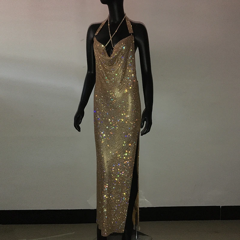 Vintage Frauen Lange Kleider Vestidos Temperament Schöne Robe 2024 Sommer Freizeit Schmuck Elegante Backless Kristall Zubehör – Detail 7