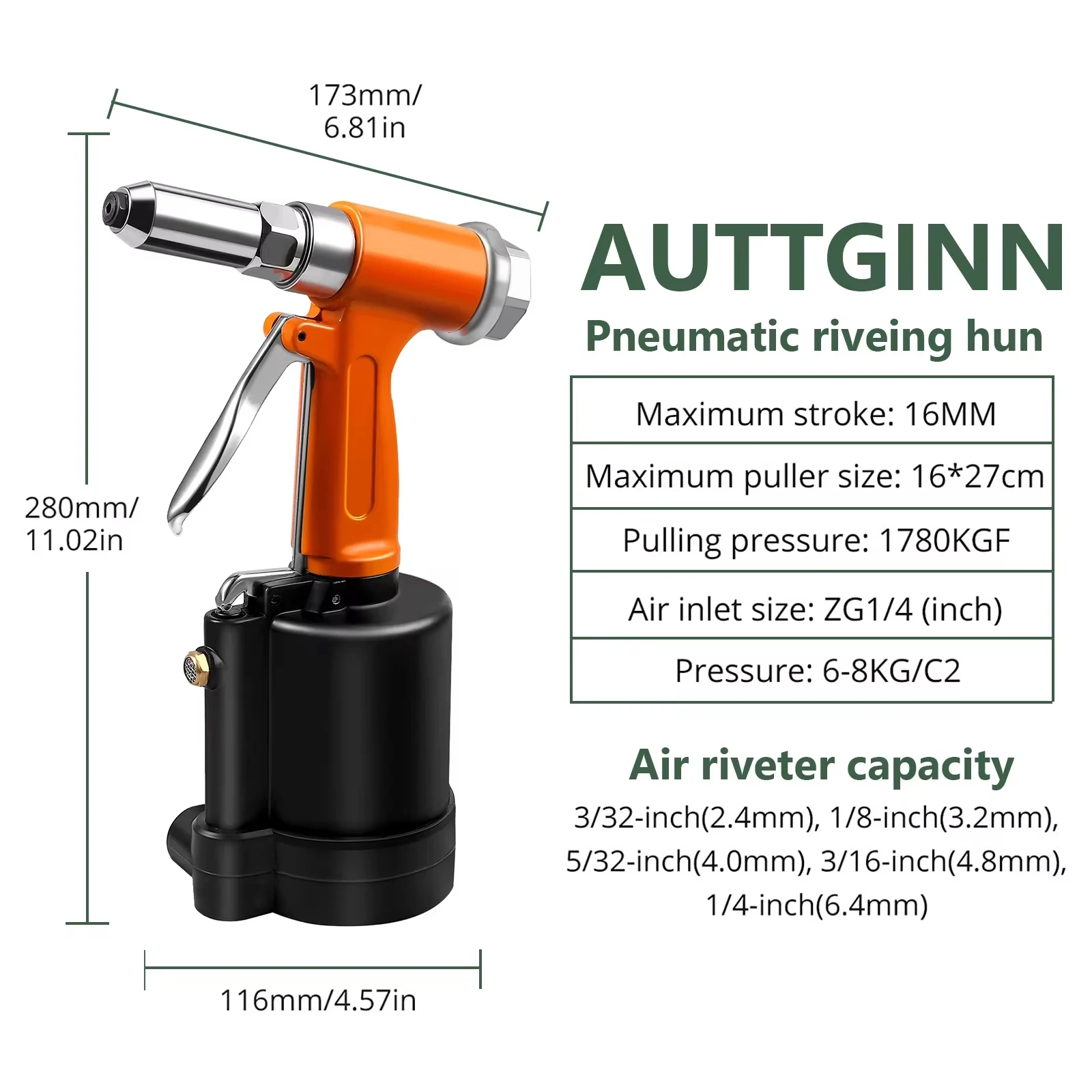 Pneumatic Air Riveter Gun Tool Set, Industrial Grade Nail Gun, Riveting Tool, 3/32" 1/8" 5/32" 3/16" Rivets, for DIY Home Repair