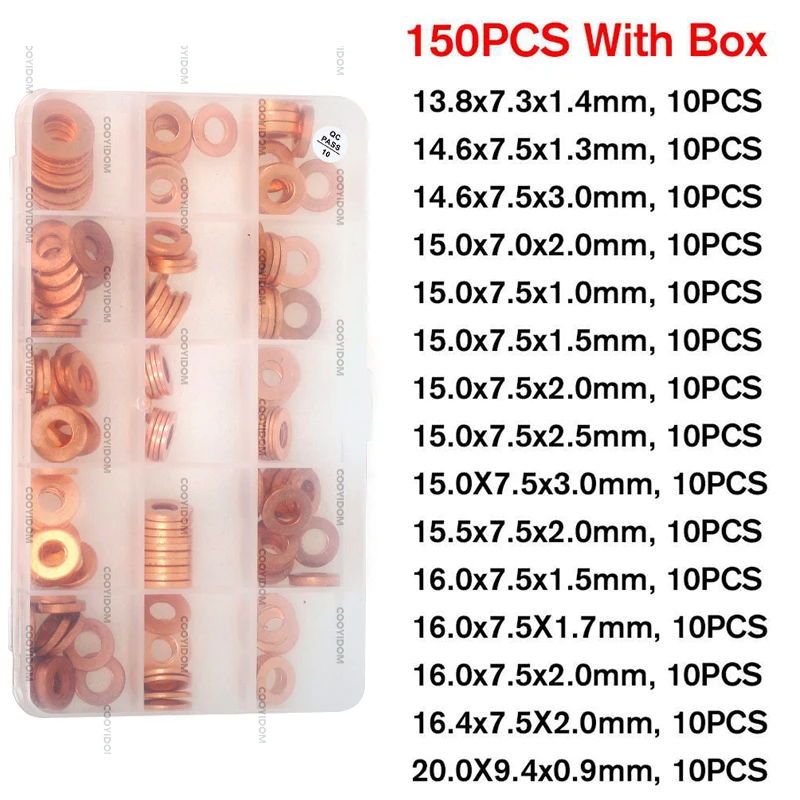 Car Repair Kit injector washer shims repair kit gasket 150pcs Car Universal Accessories Copper Washers Gasket Diesel Assortment Set Common Rail Injector Repair Kits