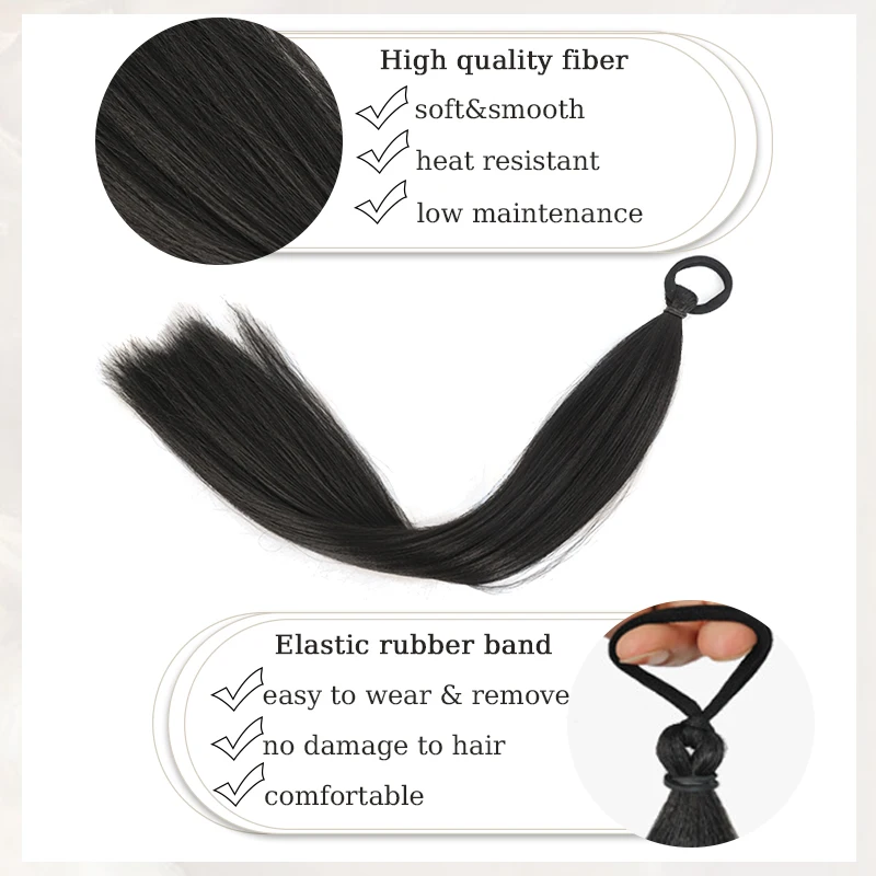 2PCS Synthetic Straight Hair Ponytail Wig 18inch Long Black Brown Ponytail Extensions with Hair Tie for Women Daily Party Use