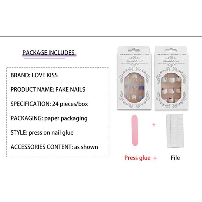 24pcs/box Fake Nails Press on Short Reusable with Designs Set French Artificial Pink False Tipsy Stick-on Nails Tips Art