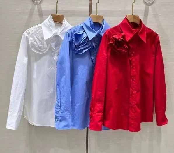 

100%Cotton Shirts 2024 Spring Fashion Designer Shirt Ladies Turn-down Collar Rose Flower Deco Long Sleeve White Red Blue Shirts