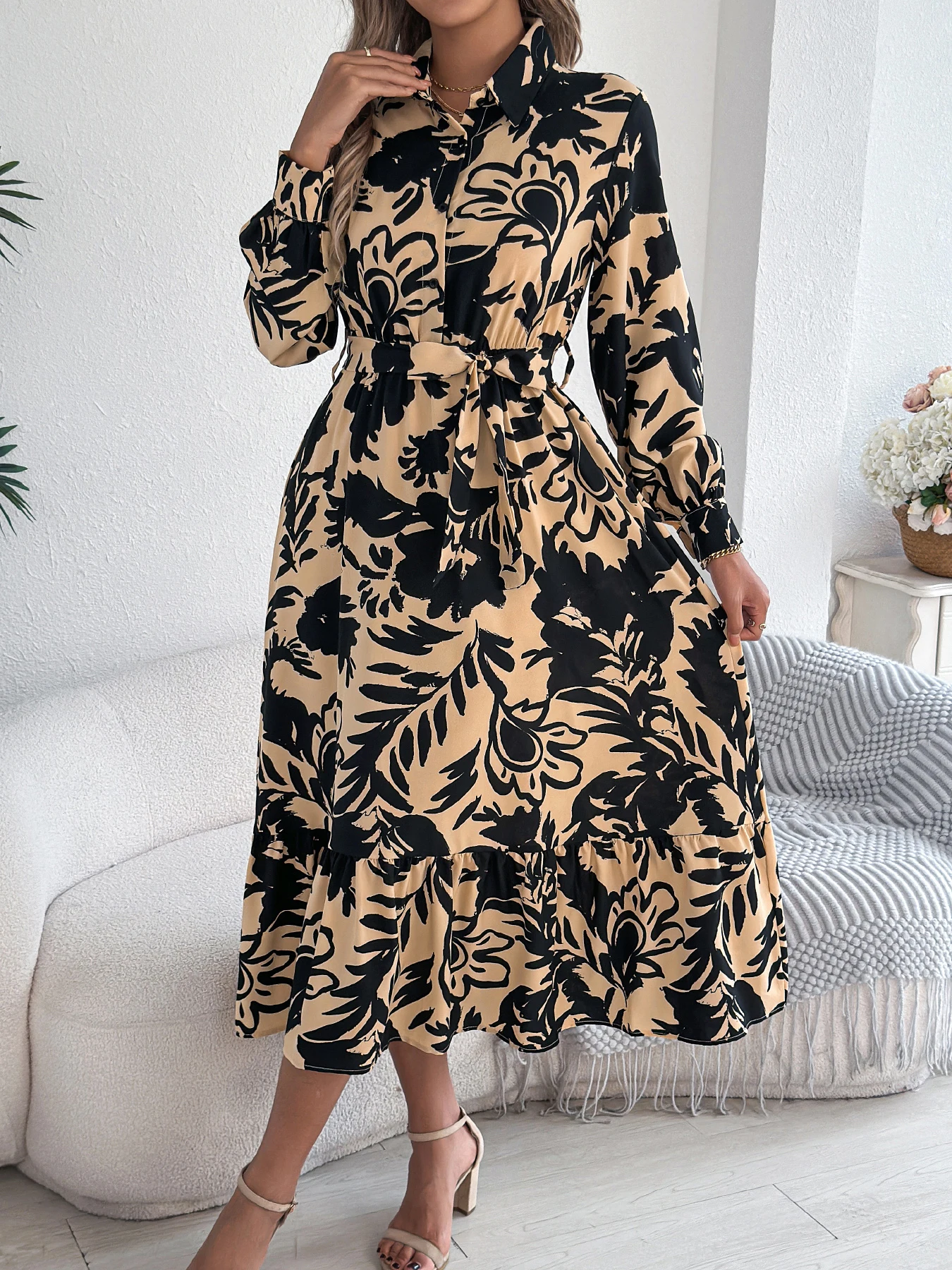 Autumn Floral Lace Up Maxi Dress for Women