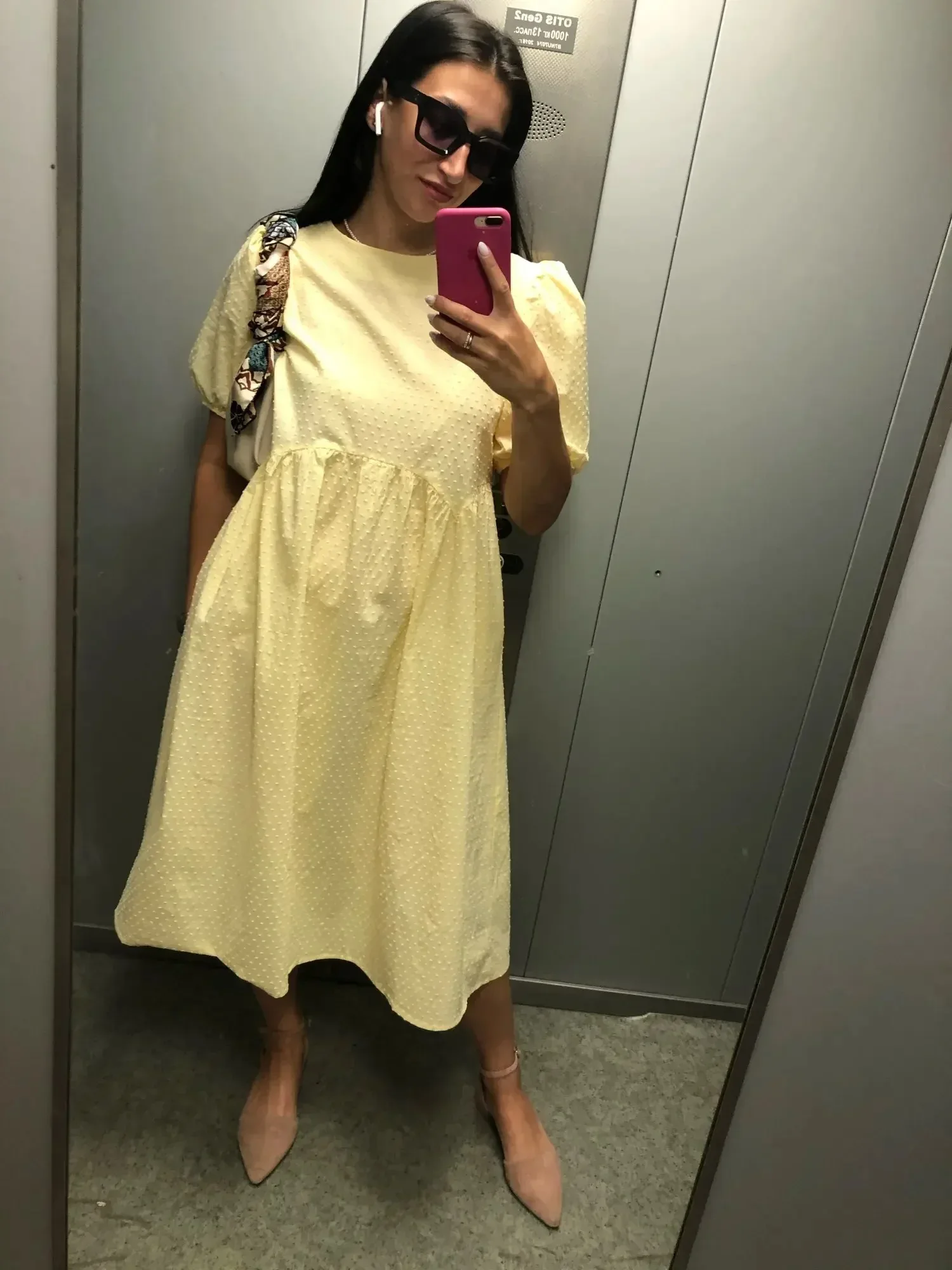 Women's Elegant Yellow Long Dress O-neck Puff-Sleeve Dots Ladies Loose Dress Casual Summer 2025 New 9941