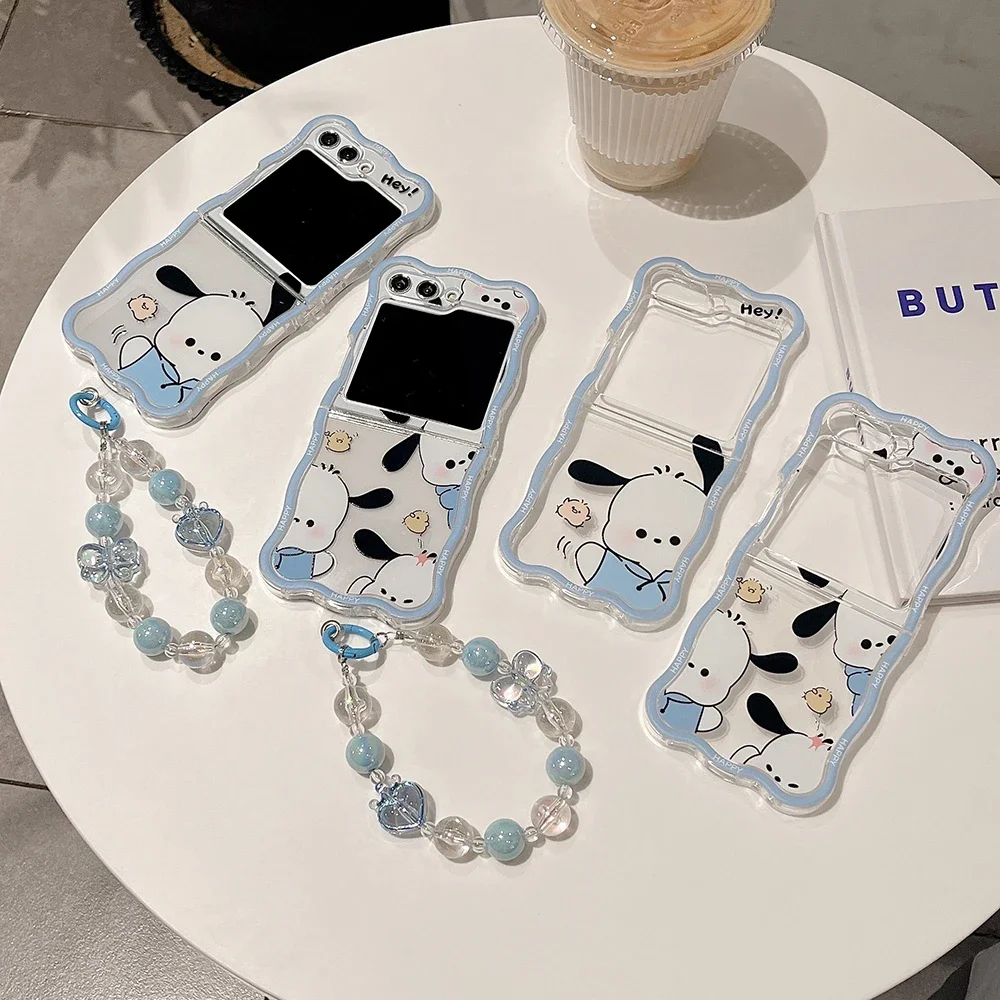 

Cute Sanrio Pochacco with Bracelet Phone Case for Samsung Galaxy Flip Z Flip 3 4 Z Flip 5 5G Hard PC Anti-drop Back Cover Funda
