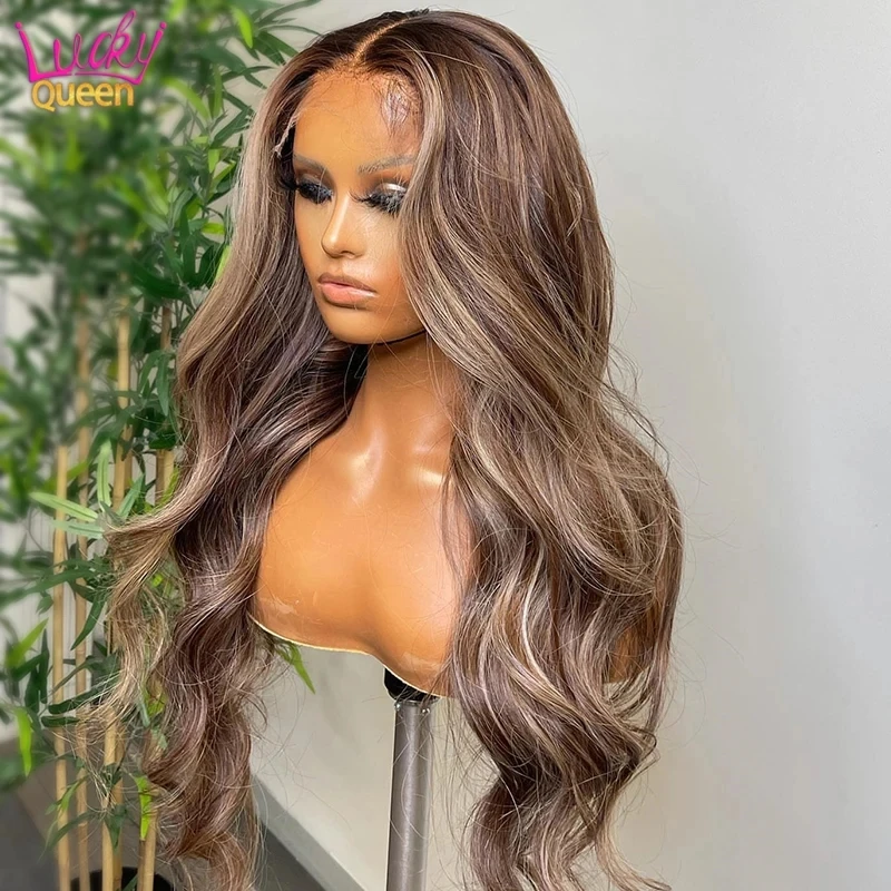 

Brown Blonde Body Wave Human Hair 13X4 Lace Front Wig Pre Plucked 13X6 Transparent Lace Frontal Highlight Ash Blonde Wavy Wig