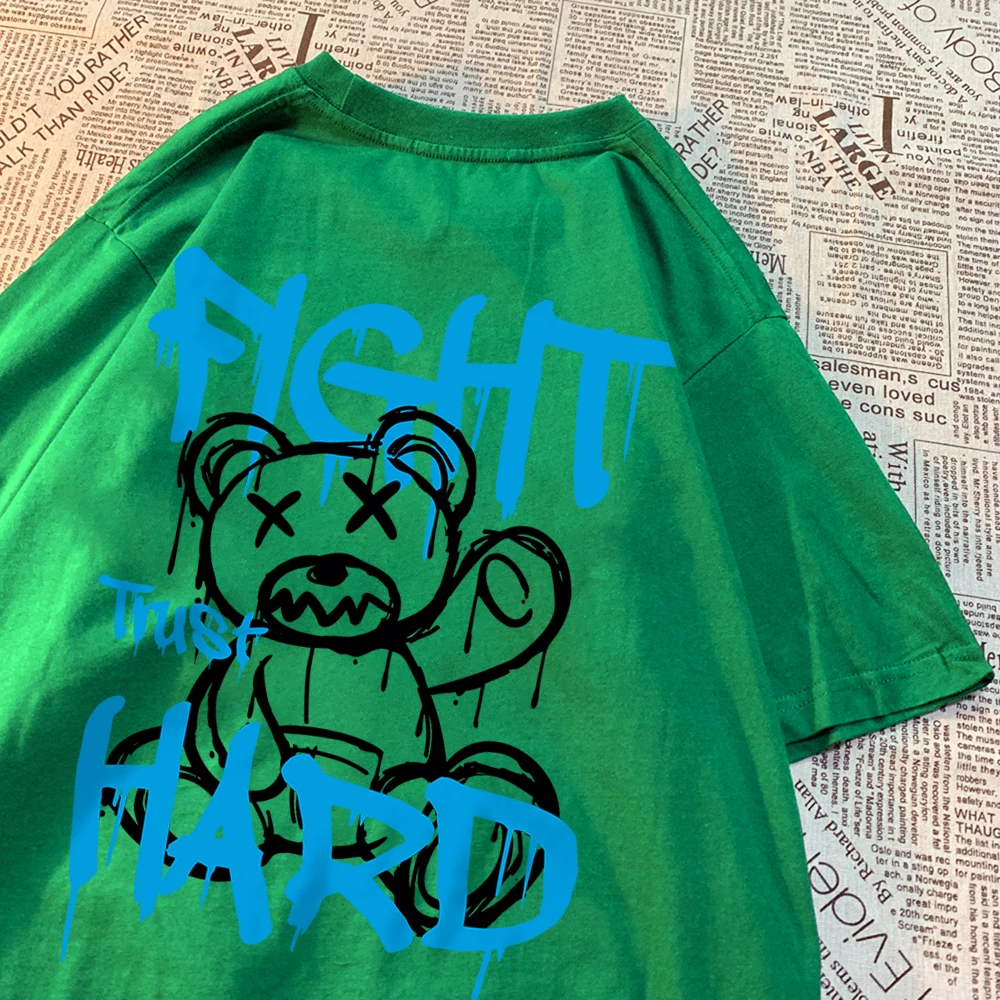 Fight Trust Hard Creative Letter Blue Bear T Shirt Men Fashion Breathable Shirts Breathable Summer Tee Clothes Oversize T-Shirt