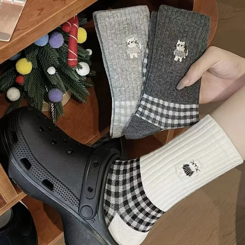 Soft Cotton Plaid Socks for Women Gray Black White