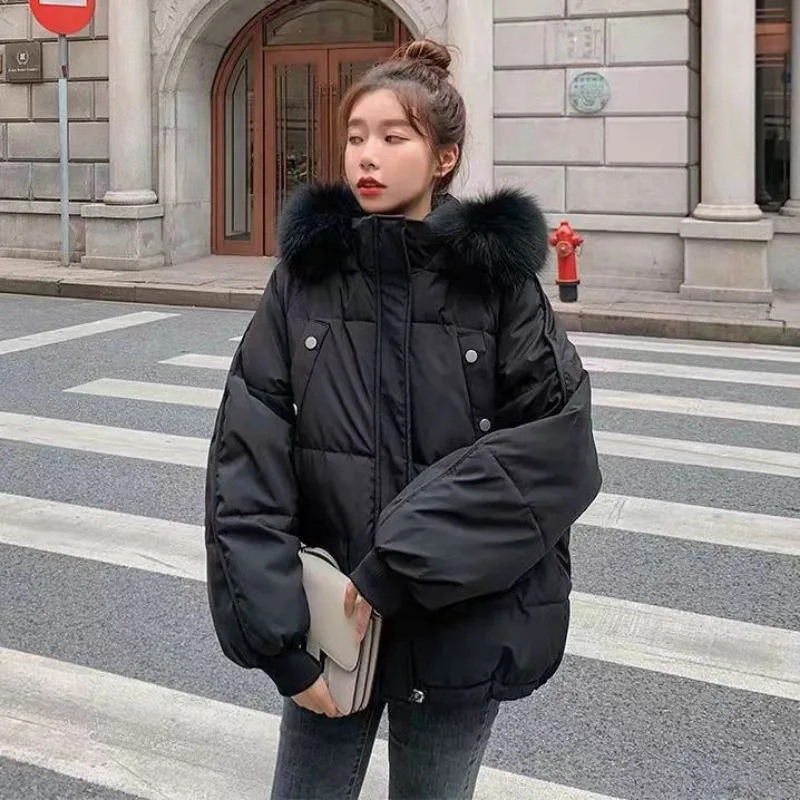 

2023 New Women Down Cotton Coat Winter Jacket Female Short Parkas Loose Thick Warm Outwear Hooded Fur Collar Versatile Overcoat