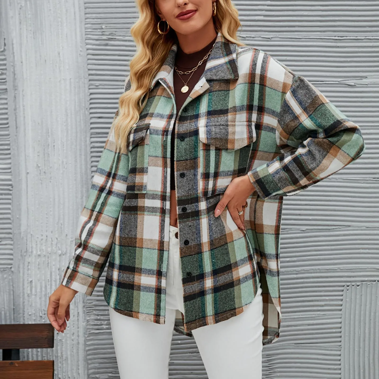 Women's Long Sleeve Woolen Plaid Jacket 4