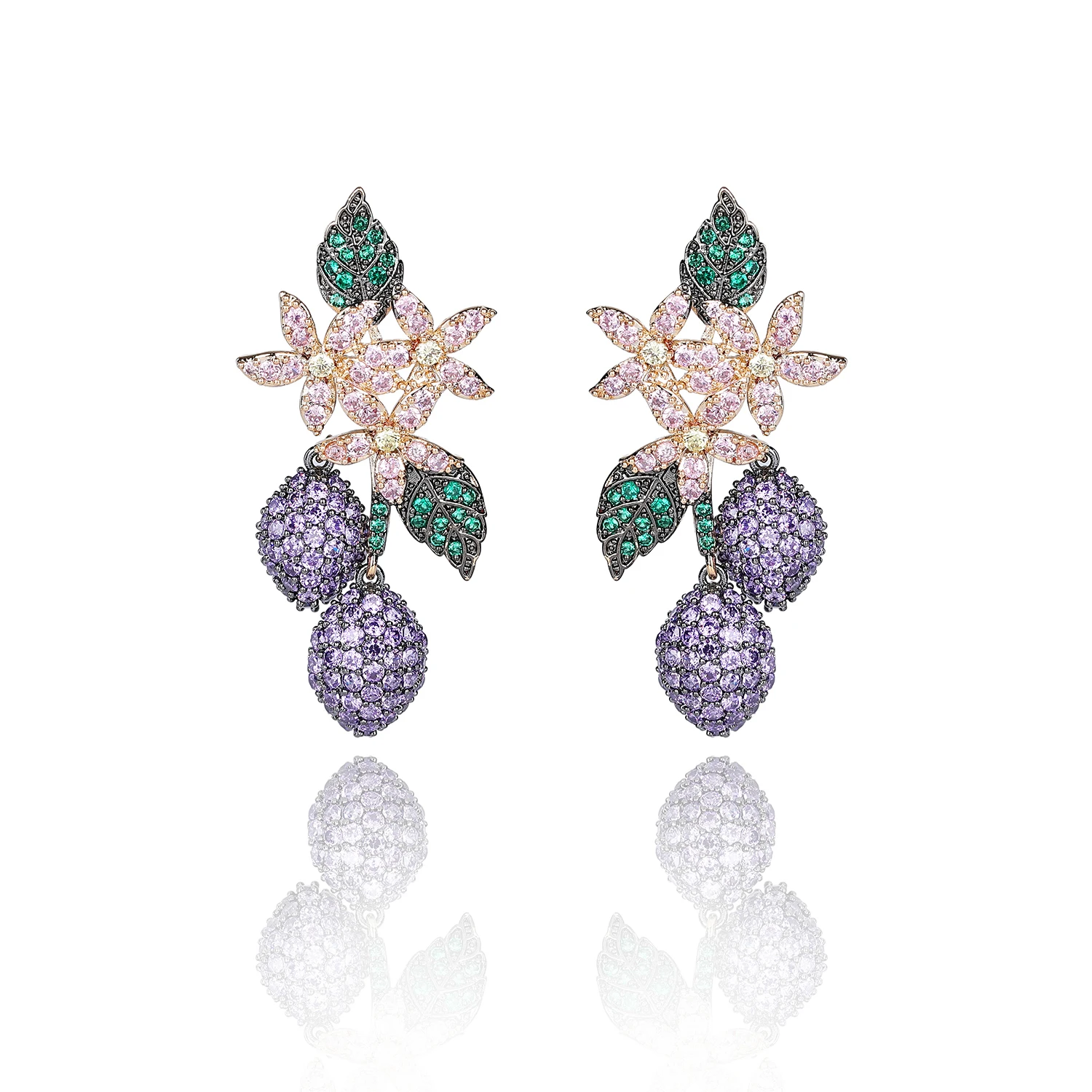 Multicolors Cubic Zircon Strawberry Earrings for Wedding, Crystals Leaves Earring for Party, Women Girl Gift CE11148