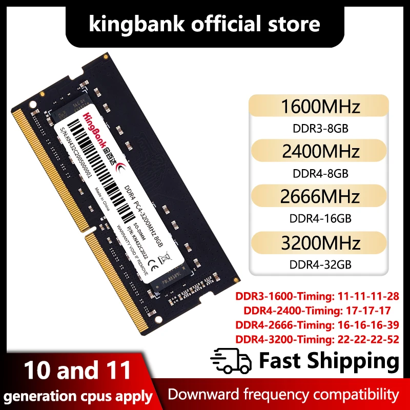 

KingBank Memory RAM DDR3 1600MHz 4GB 8GB DDR4 3200Mhz 8GB 16GB 2400Mhz 2666Mhz Sodimm Notebook High Performance Laptop Memory