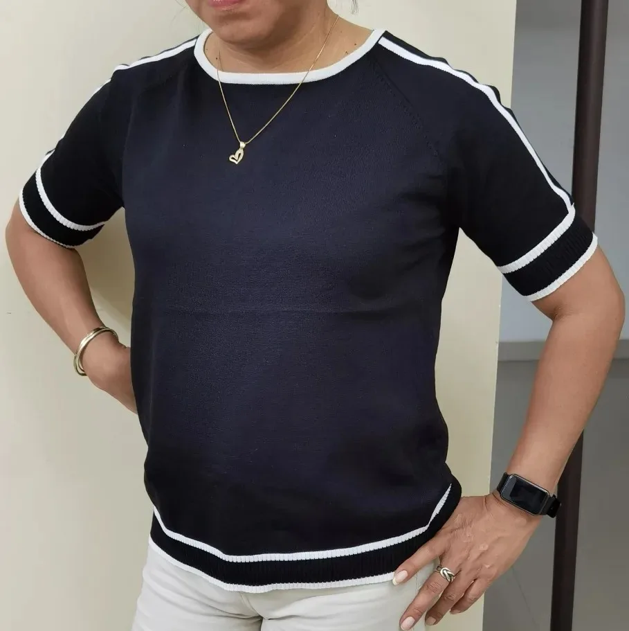 Color Blocked Women's Knitted Thin Short Sleeved Top Casual Striped Fashionable T-shirt 18841
