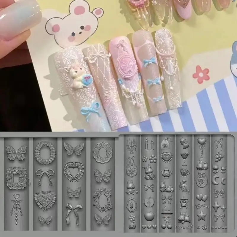 핫 네일 아트 실리콘 몰드 리본 하트 나비 토끼 3D 몰드 네일 아트 장식 DIY 디자인에 적합한 실리콘 네일 몰드