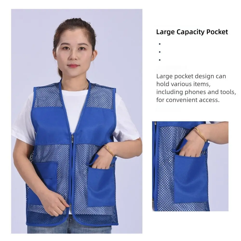 남성 여성 메쉬 안전 조끼 일반/반사 스트립 포함 지퍼 V 넥 조끼 민소매 스타일 시스루 조끼 여름 시즌