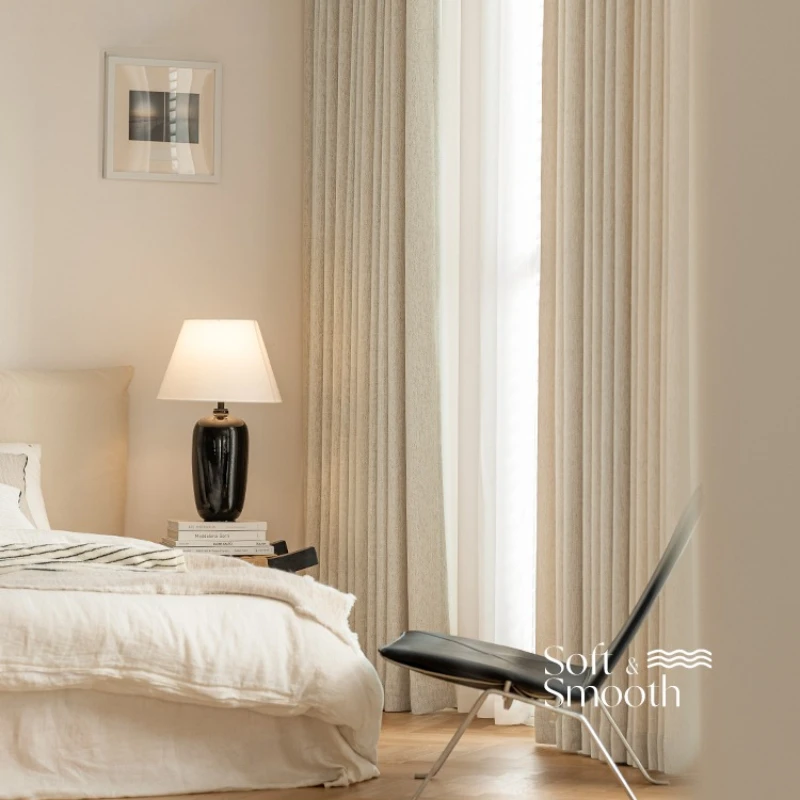 Beige Living Room Curtain Soft High Light-blocking Bedroom Curtains Chenille Fashionable Cream Ins Style Home Decoration Curtain