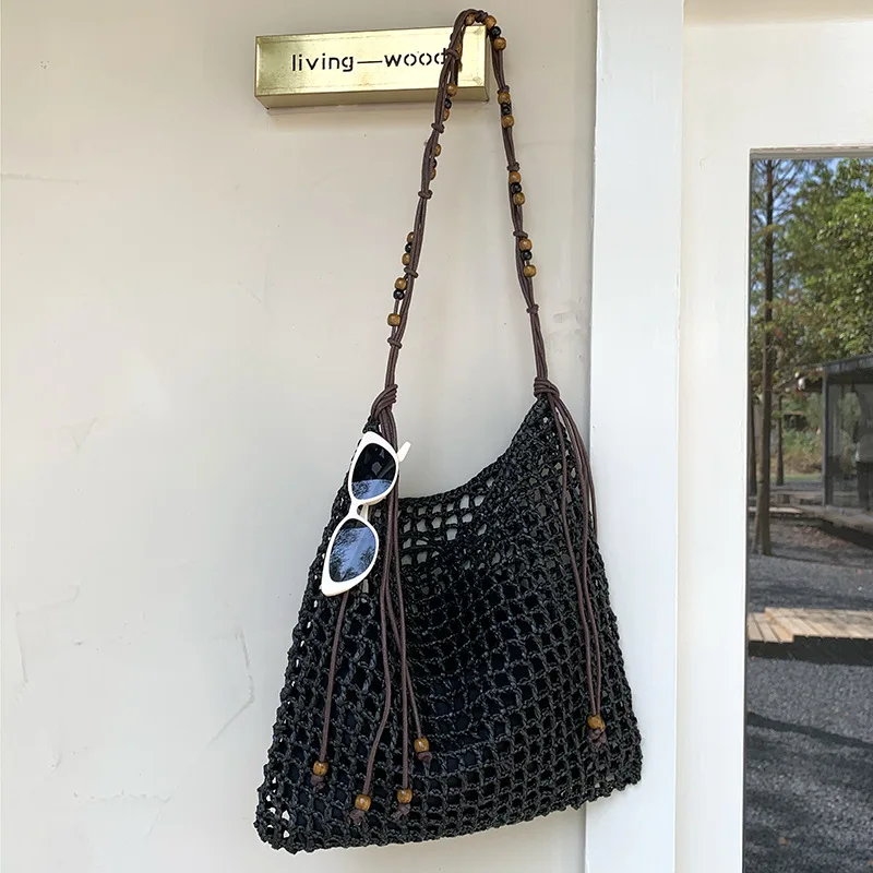 Beach Slim Tote Bags For Women Luxury Designer Handbags Purses 2025 New In Straw Woven Beaded Hollow With Inner Pocket Shoulder