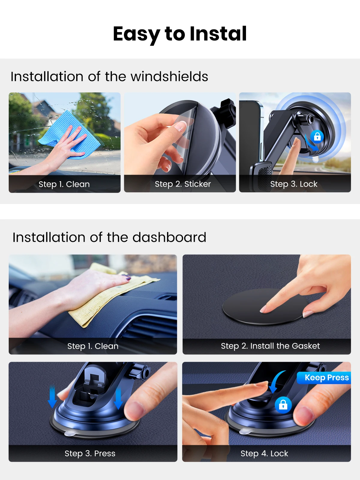 TOPK D38-X Car Phone Holder, Adjustable Car Phone Mount Cradle 360°  Rotation Strong Sticky Gel Pad for Car Dashboard/Windscreen