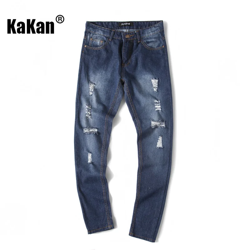 Kakan - New Vintage Distressed Deep Blue Jeans From Europe and America, Men's Wear, Distressed Washed Casual Jeans K35-F112