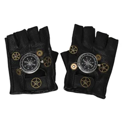 Steampunk Leather Gloves with Gear Accents & Compass Design (Silver)