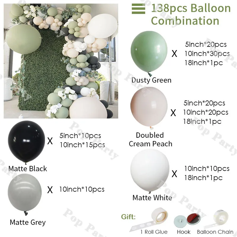 100 Pcs Ballon Vert Sauge,Ballon Vert Jungle,des Ballons Verts,  Dorés,Beiges,Pour Baby Shower, Mariage, Décoration sur le Thème de la