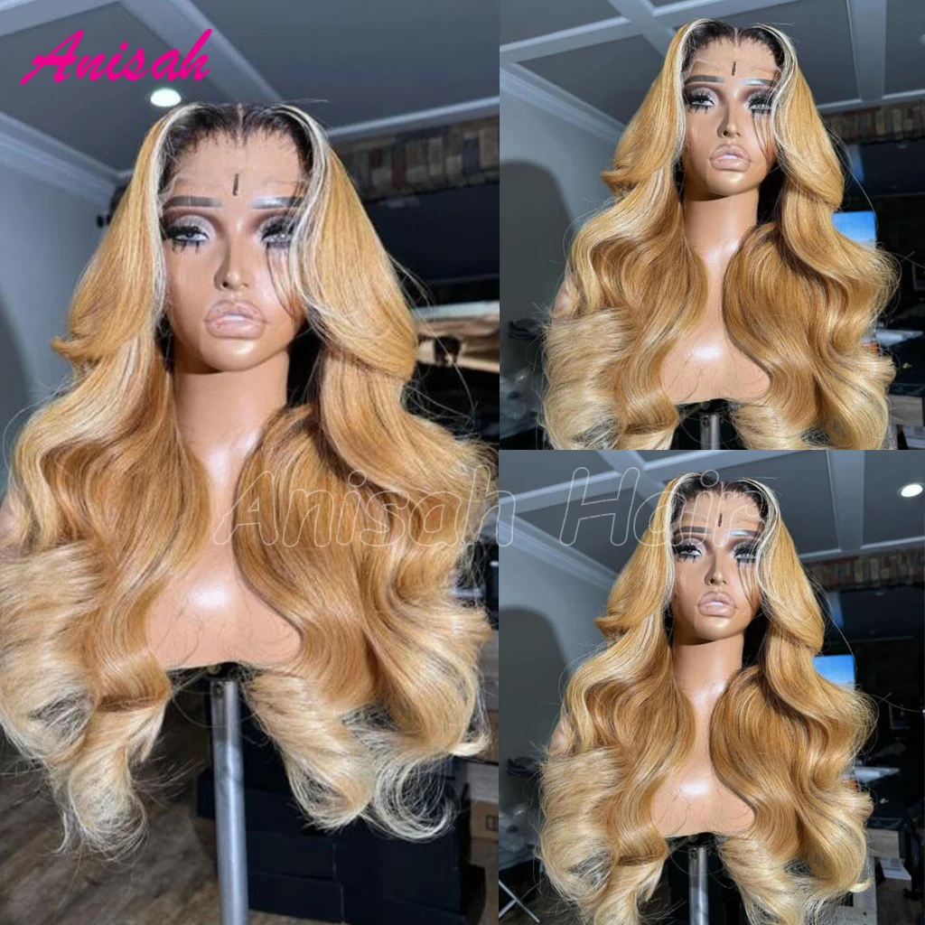 

Ash Blonde Ombre Human Hair Body Wave Brazilian Remy Hair Highlight Lace Front Wigs For Women Preplucked HD Transparent Lace Wig