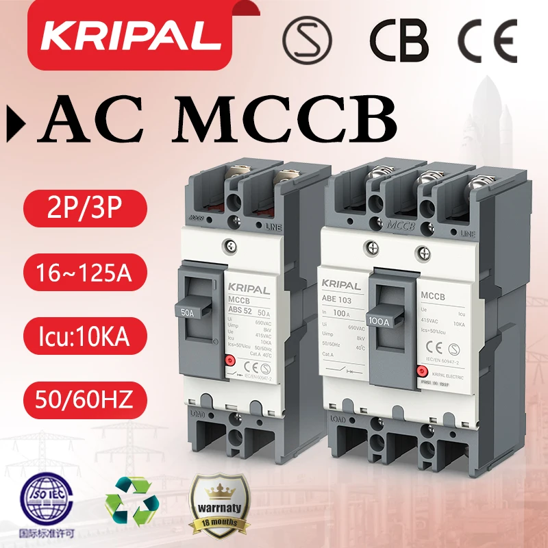 Gratis Verzending Kripal Ac Mccb 63a 100a 125a 2P 3P Gegoten Behuizing Stroomonderbreker Beschermer Schakelaar