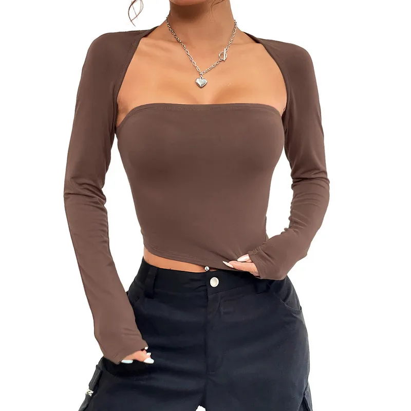 

Women Harajuku T-shirts Slim Crop Tops Spring Autumn Clothes Solid Color Long Sleeve Square Neck Tops Sexy Club Streetwear