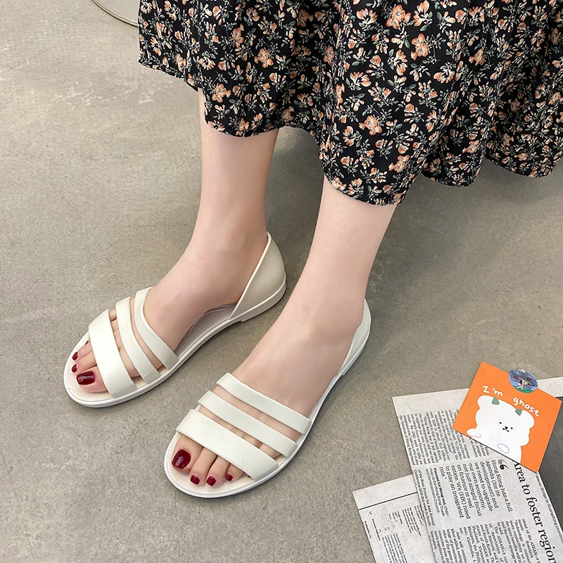 Flat Woman Sandals Summer Candy Color Peep Toe Beach Shoes Slip On Rianbow Sandals Fashion Jelly Shoes Chaussure Femme Sandale